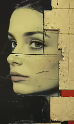 a girl with large eyelashes peeking through a square
