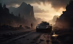 a vehicle driving through the middle of a dark mountain landscape