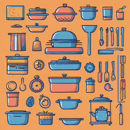 an illustrated image of a variety of cooking items,a group of cooking utensils and equipment