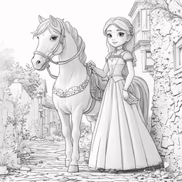 the princess standing beside a horse in a forest