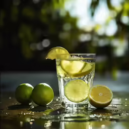 a glass with water and limes on a table