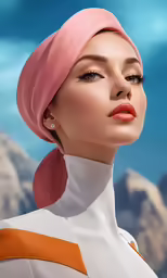 a woman wearing a pink hat with a white collar and large round earrings