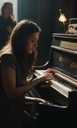 a woman is playing a piano in a dark room