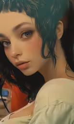 a woman with freckled hair, wearing a white top