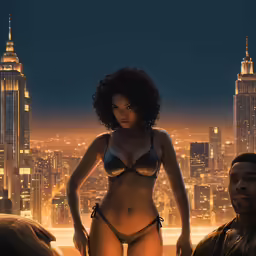 woman in bikini standing by a man in front of a night time city skyline