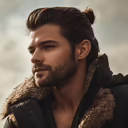 a young man has a very long and messy bun with some hair on it