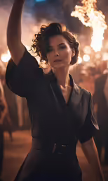 a woman holding her arm up in the air with fireworks behind her