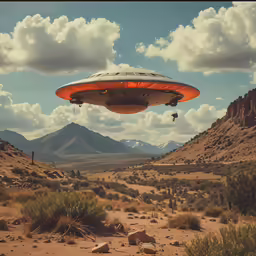 the flying saucer is hovering over a rocky hillside
