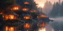 a house built into the water during the evening