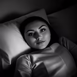 black and white photo of a woman in a bed