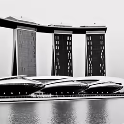 a black and white photo of the outside of the marina bay hotel