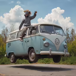 two people are sitting on the roof of a van