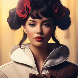 a woman with large roses in her hair