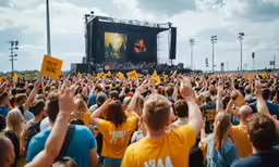 many people are at an outdoor concert holding yellow signs