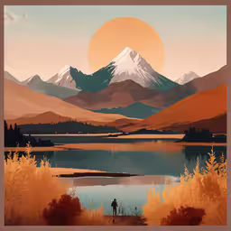 the silhouette of a person standing by a lake,a painting of a person with mountains in the background