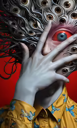 a creepy looking person holding his face near the head of an object