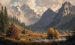 beautiful scene of mountains and trees with river flowing between them