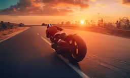 a motorcycle is traveling on the road towards the sun