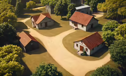 two houses in an open field, one connected to the other