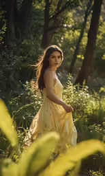 a young woman in a yellow dress walking through tall grass