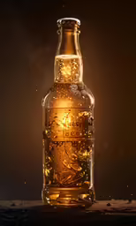 an iced golden beer bottle against a dark background