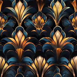 an abstract blue background with a gold, gold and black pattern