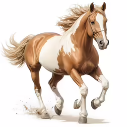 the horse is trotting fast down the dirt path