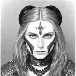 the girl has long hair and horns in her hair