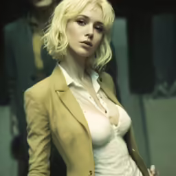 a blond woman posing with one hand in her pockets