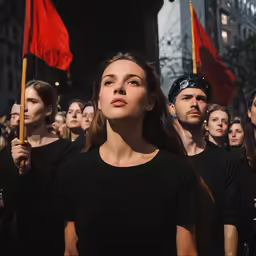 a group of people standing on a street holding flags