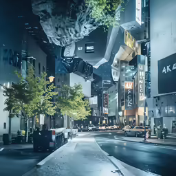 there is a man on the sidewalk in a very busy city at night