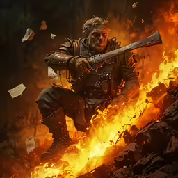 a man holding a weapon next to a fire