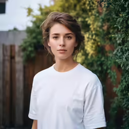 a young woman poses near some trees and greenery