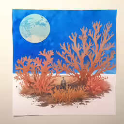 a painting of a man in a field next to an ocean scene