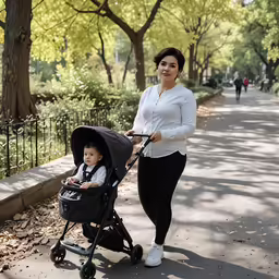 woman and toddler in stroller walking down the street