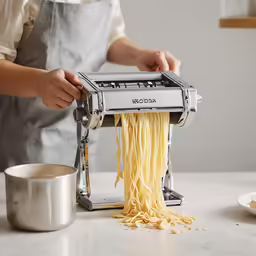 woman using a pasta maker on white marble counter