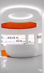a circular white room has an orange ceiling