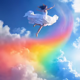 a woman is flying in the air over a rainbow