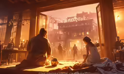 a group of people sit in a room at night, on the floor of a ruined building