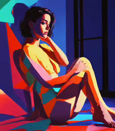 a woman in a multicolored dress sitting on the ground,a woman that is sitting down on a blanket