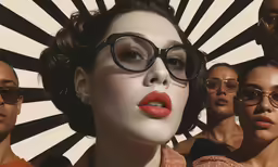 a woman with many glasses on in front of a group of men