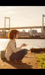 a woman sitting on the ground near the water with a book