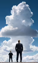 the back of two men standing in front of a cloud