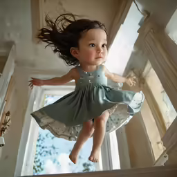 a girl jumps in the air into the frame of her house