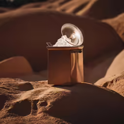a brown box holding an object in the sand