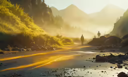 two people on the road next to some trees