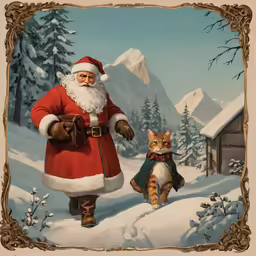 a santa claus on his back walking with his cat in hand