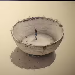 a small figurine stands in the water inside a big bowl