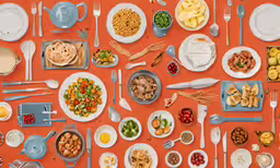 the orange table is filled with many different kinds of food,table setting with food spread out on an orange table cloth