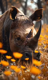 an indian rhino standing in a field full of yellow flowers